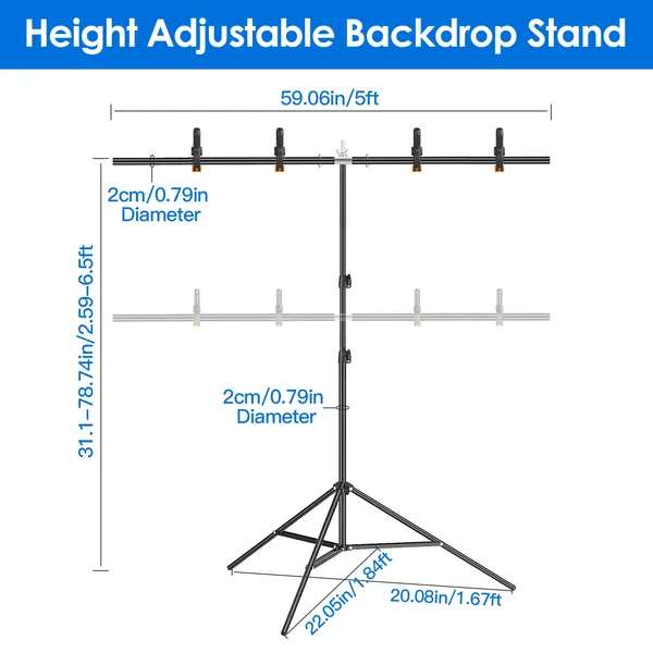 5×6.5FT T-Shape Photo Video Backdrop Stand Heavy Duty Background Stand Adjustable Photography Backdrop Stand With 6 Spring Clamps Sandbag Carry Bag For Studio Party Wedding