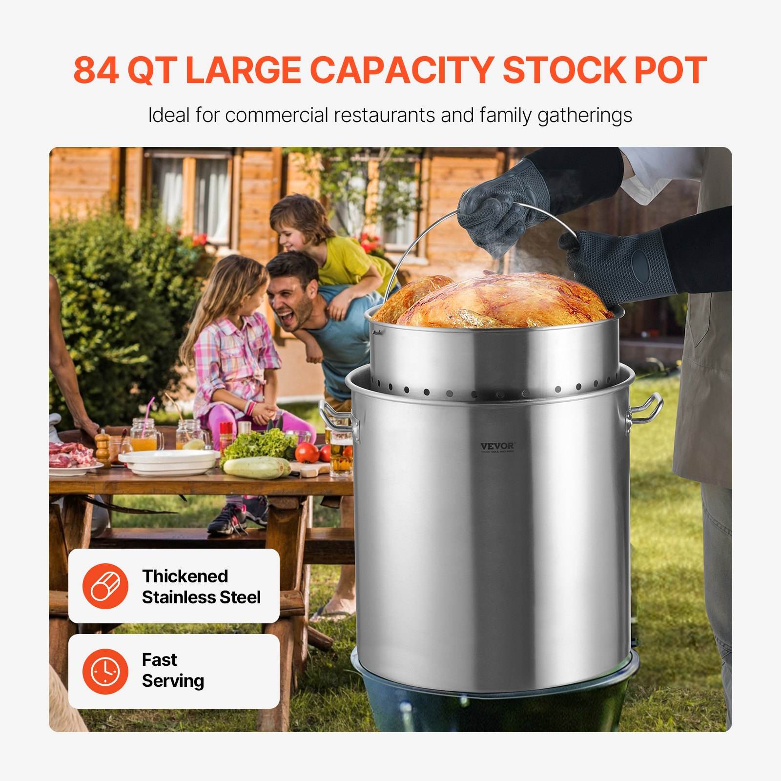 84QT Stainless Steel Stockpot Cooking Kitchen Sauce Pot With Basket Lid Handle