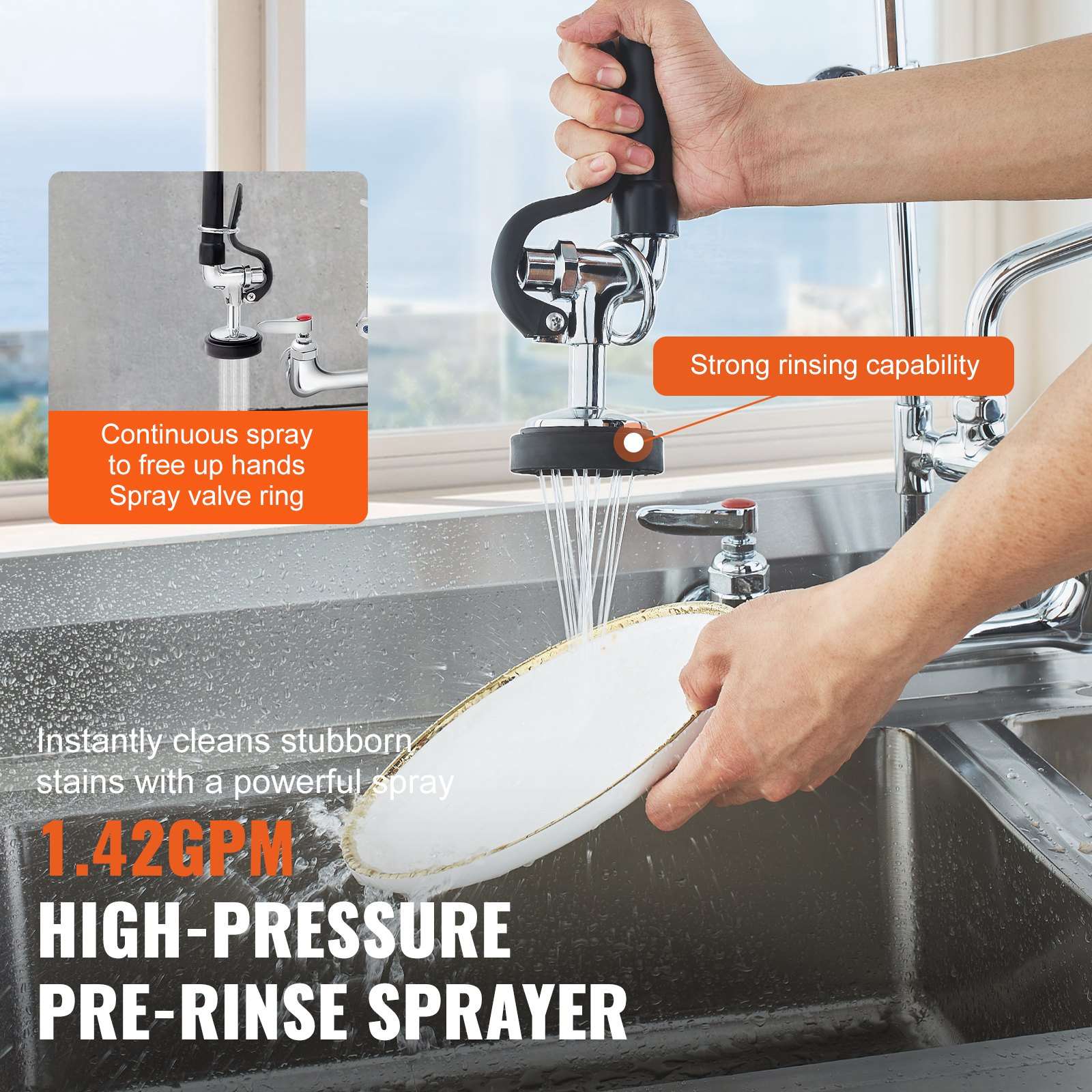 Commercial Faucet With Pre-Rinse Sprayer, 36' Height, 8' Center, 12' Swing Spout, Wall Mount Kitchen Sink Faucet, Brass Constructed Device With Pull Down Spray, For 1/2/3 Compartment Sink