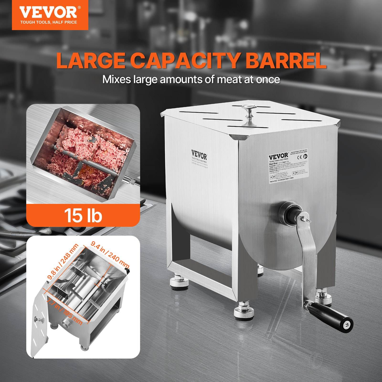 Manual Meat Mixer 15L Fixed Tank Mixing Max 15LB For Meat Sausage Mixer Machine
