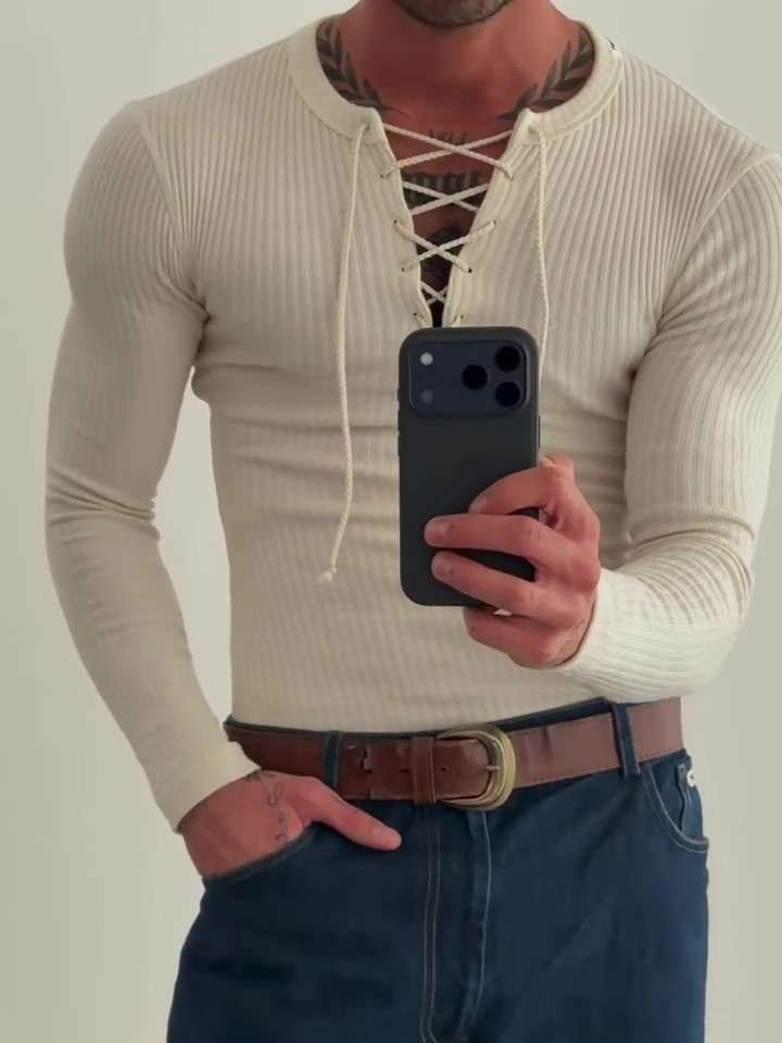Beige Ribbed Knit Lace-Up V-Neck Long Sleeve Top