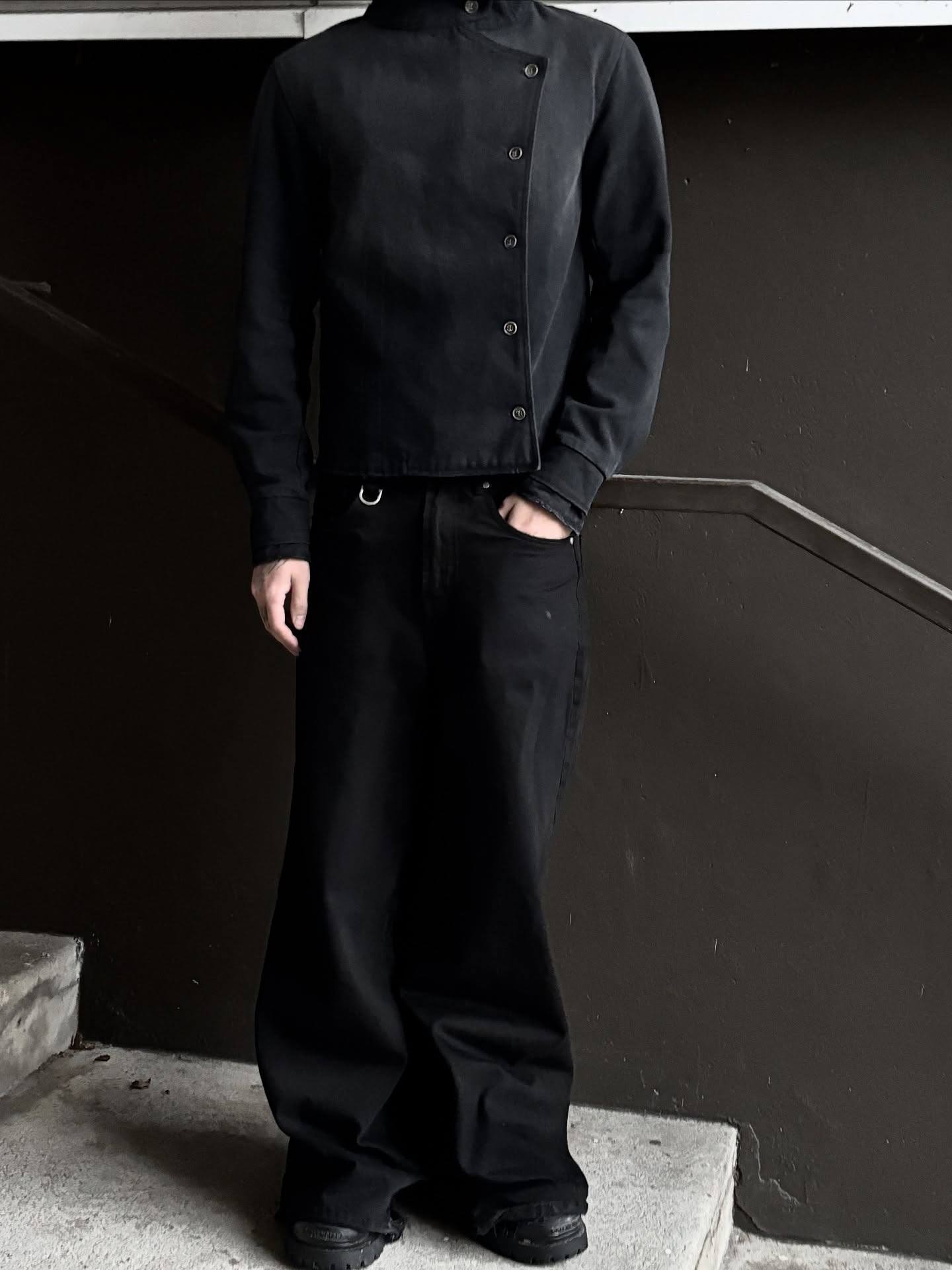 Black Asymmetrical Button Stand Collar Jacket