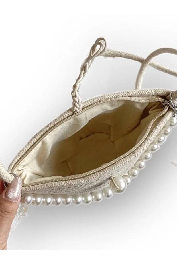 Women White Shoulder Bag With Pearl Design Elegant Baguette Handbag