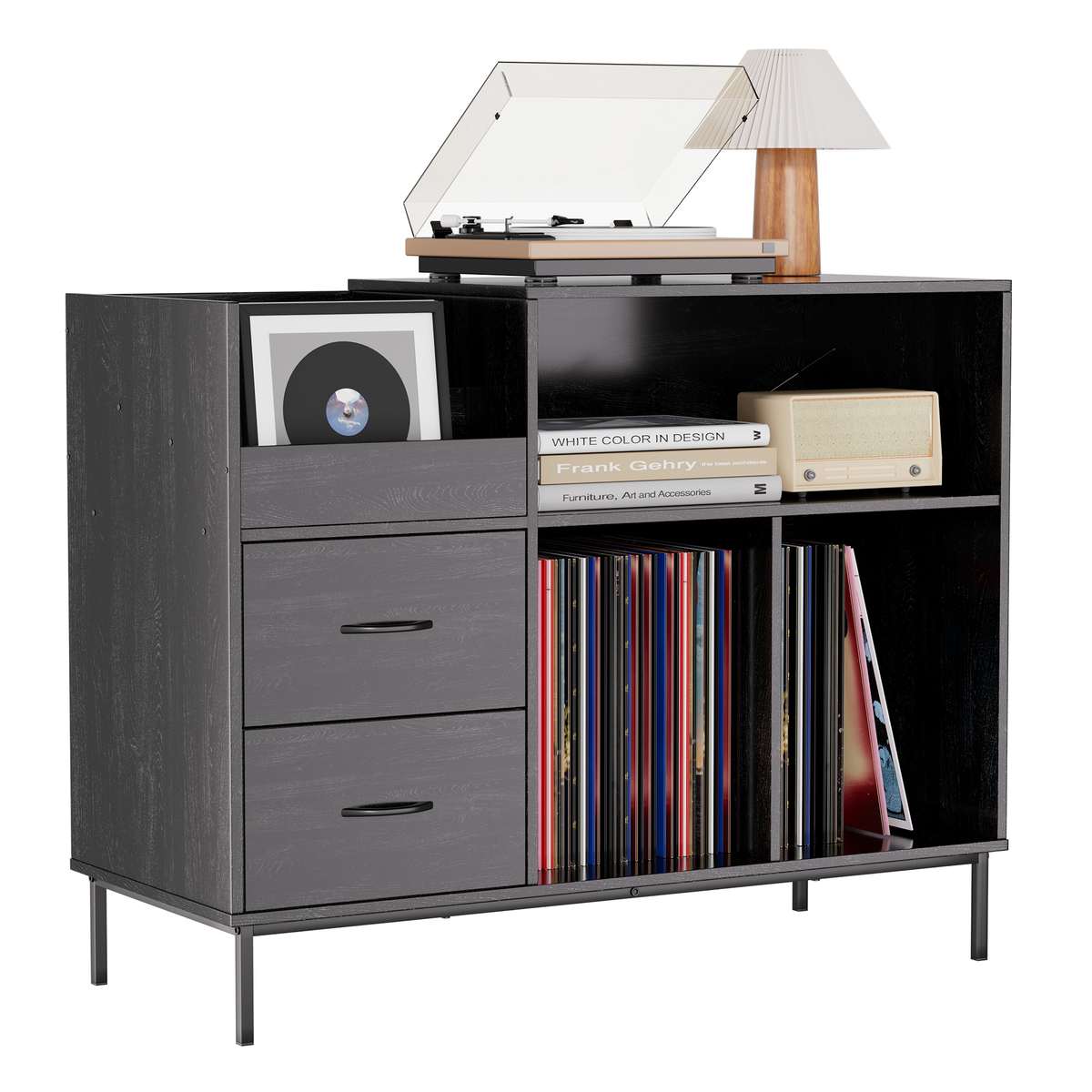 Record Player Stand With Power Outlet Flip-Down Lid, Turntable Table With Storage For 300 Vinyls, Black Wood Grain Media Console With 2 Drawers, 27.6 With Dust Protection, Some Assembly Required,
