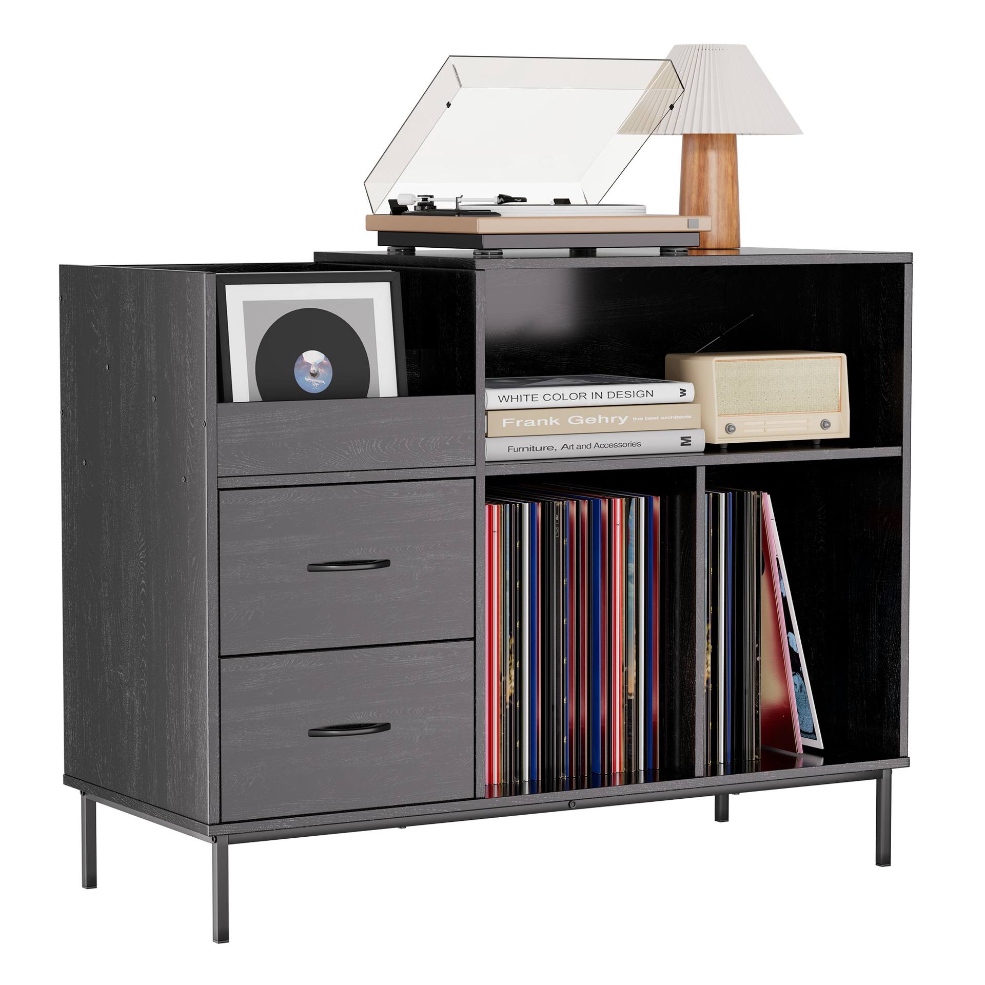 Record Player Stand With Power Outlet Flip-Down Lid, Turntable Table With Storage For 300 Vinyls, Black Wood Grain Media Console With 2 Drawers, 27.6 With Dust Protection, Some Assembly Required,