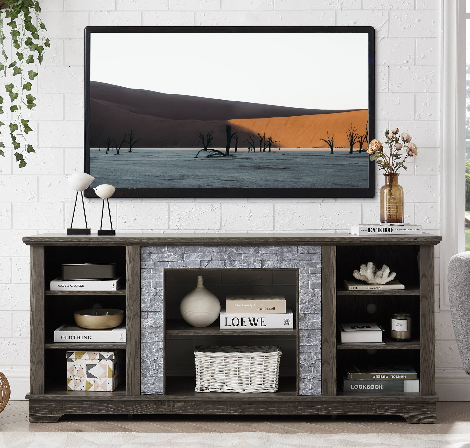 Mantel Stone TV Media Stand With With Faux Stacked Stone Surround, Modern Entertainment Console With Open Storage Space,Grey, 58.31Wx15.39Dx26.06H