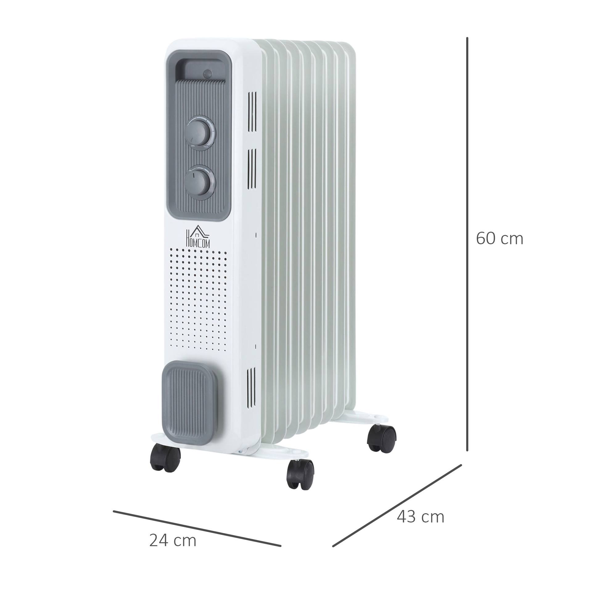 2000W Oil Filled Radiator, 9 Fin, Portable Electric Heater With 3 Heat Settings, Safety Cut-Off And Wheels, White