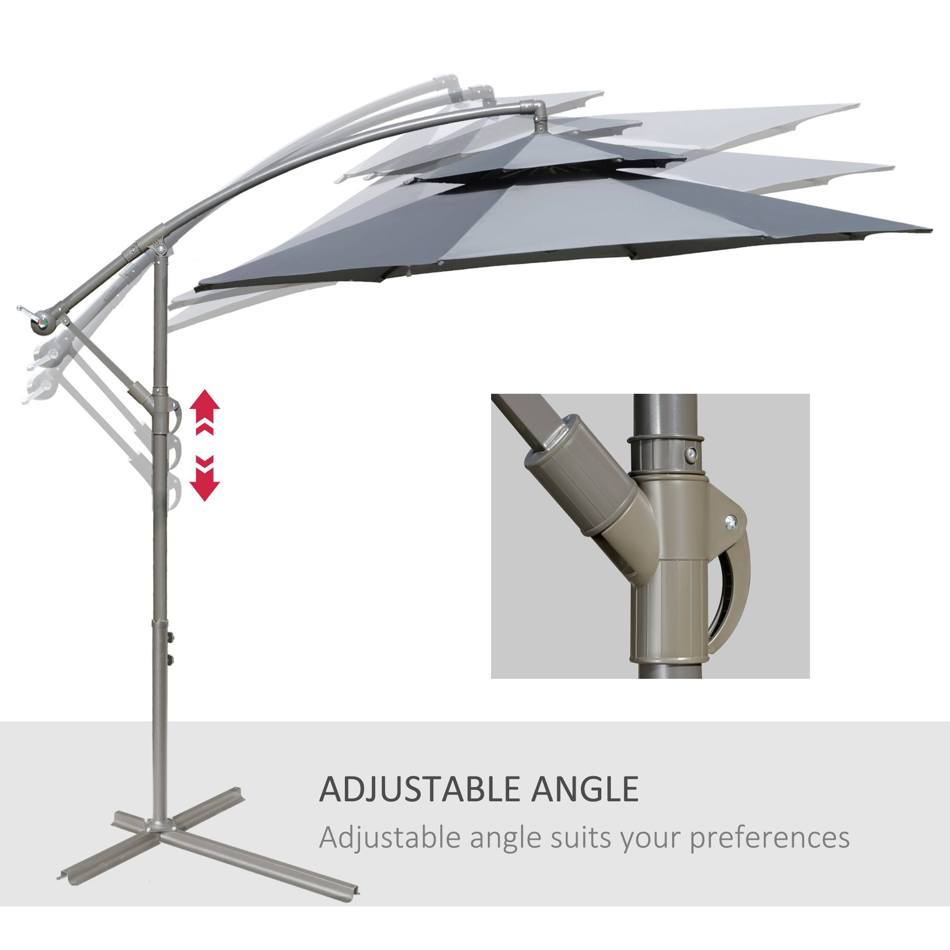 2.7m Garden Banana Parasol Cantilever Umbrella With Crank Handle, Double Tier Canopy And Cross Base For Outdoor, Hanging Sun Shade, Dark Grey