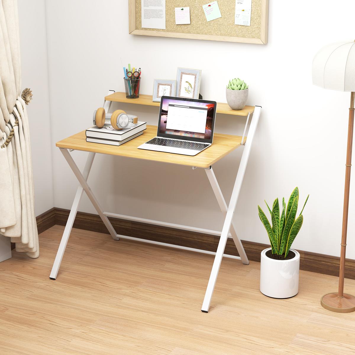 Compact Folding Desk For Small Spaces, Foldable Computer Desk With Storage Shelf For Home Office, 2-Tier Study Writing Table, 86 X 66 X 82 Cm, Maple Wood-effect