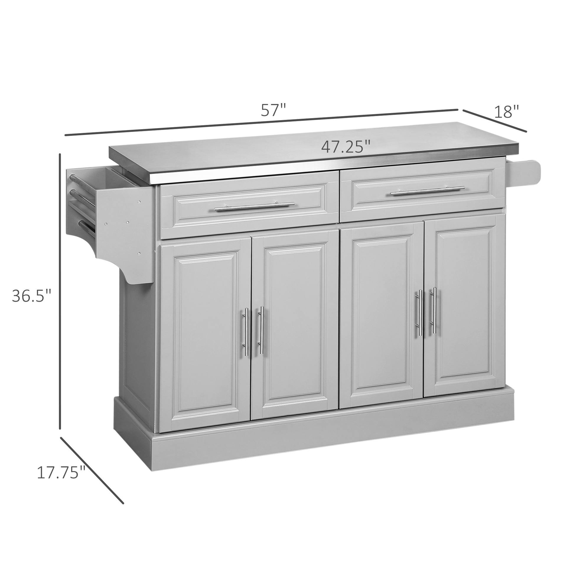 Rolling Kitchen Island Cart with 47" Stainless Steel Top, Portable Island Table for Kitchen with Wheels, Adjustable Shelves, 2 Drawers, Spice, Knife and Towel Rack, Gray