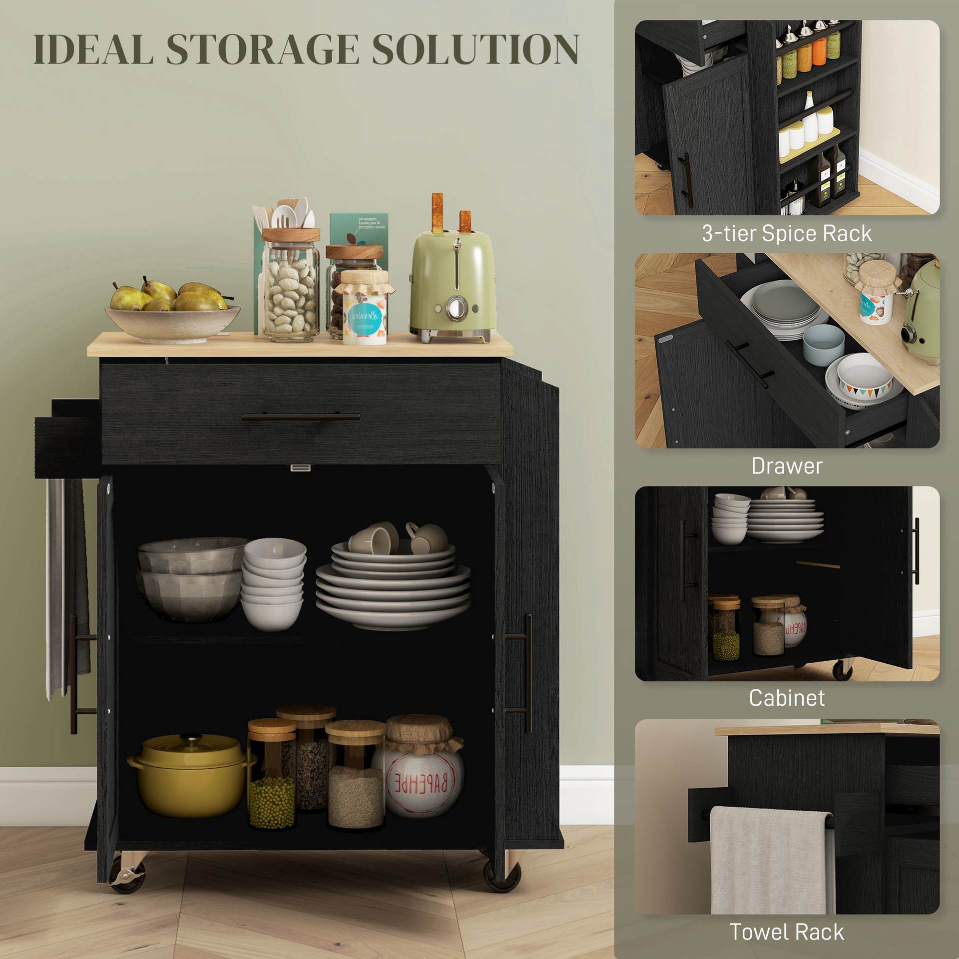 Rolling Island with Wheels for Kitchen, Kitchen Island on Rollers with Power Outlets, Drawer, and Doors, Black