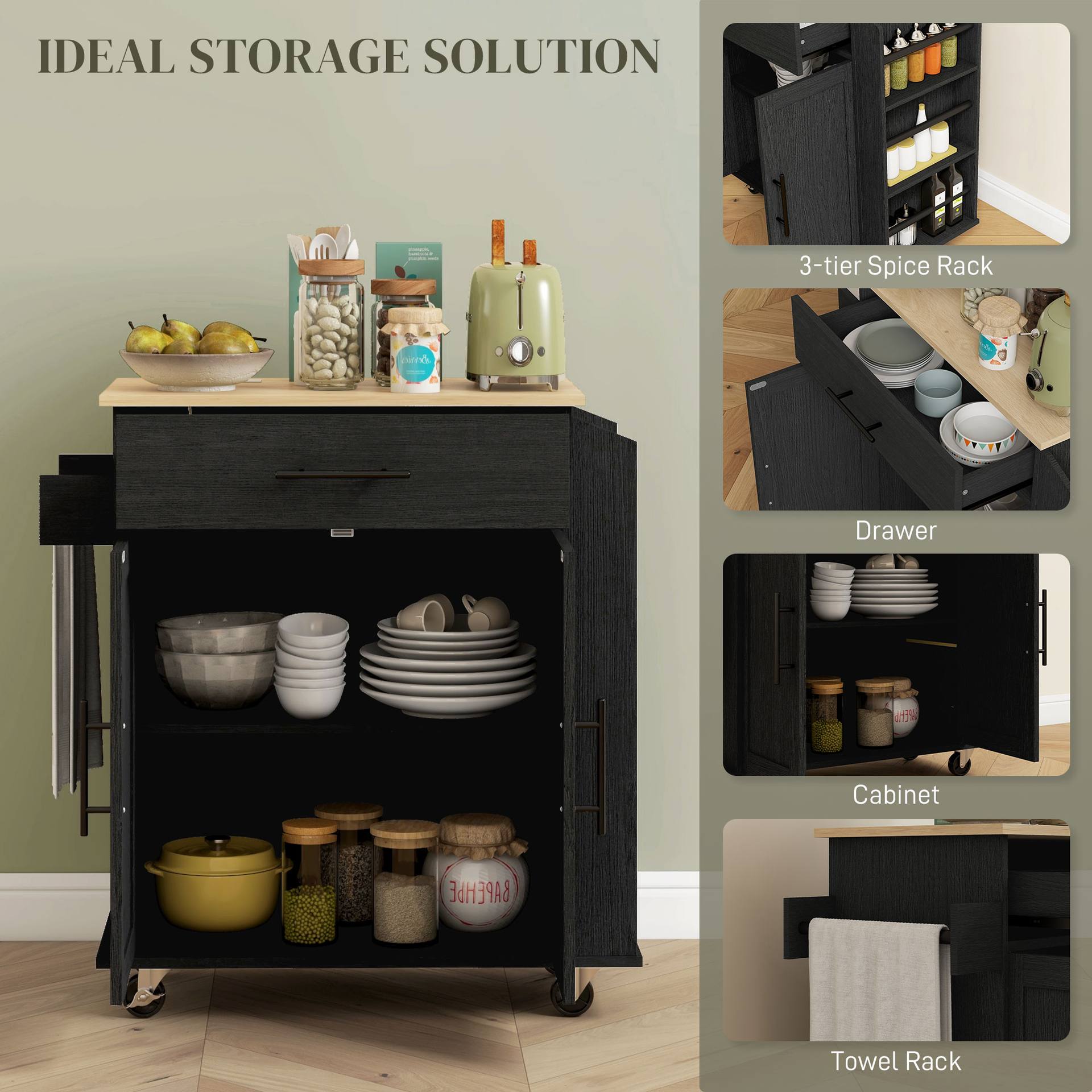 Rolling Island with Wheels for Kitchen, Kitchen Island on Rollers with Power Outlets, Drawer, and Doors, Black