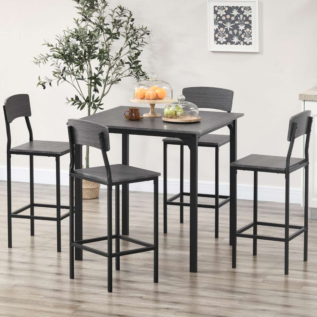 5-Piece Counter Height Bar Table with Space-Saving Design, Square Kitchen Table and Chairs Set with Footrest, Metal Legs, Industrial Dining Table Set for 4, Gray