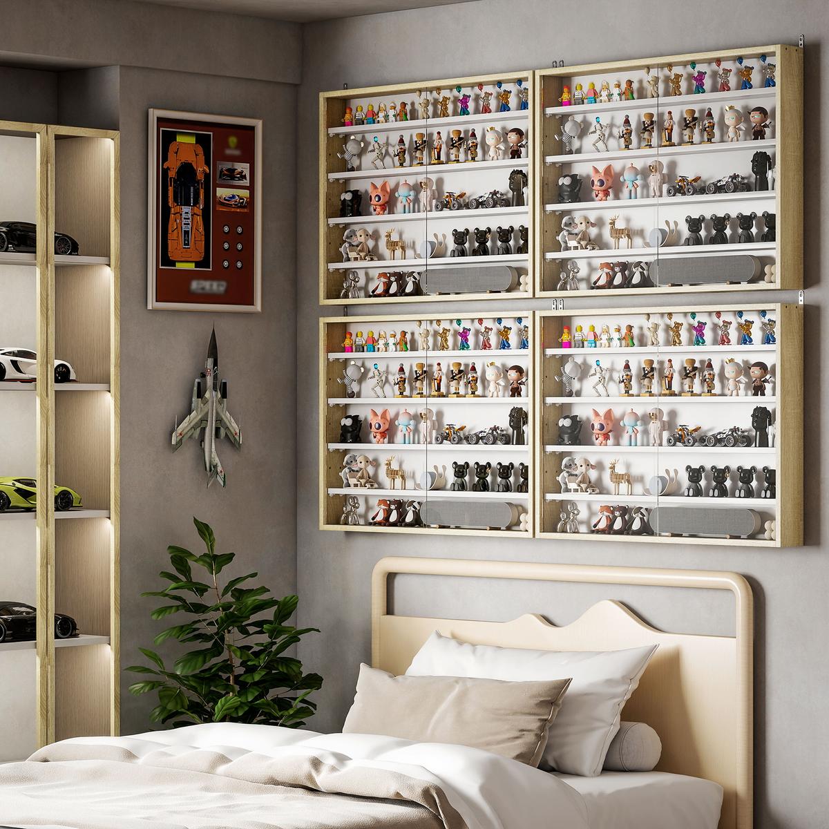 5-Tier Wall Display Shelf Unit Cabinet W/ 4 Adjustable Shelves Glass Doors Home Office Ornaments 60x80cm Natural