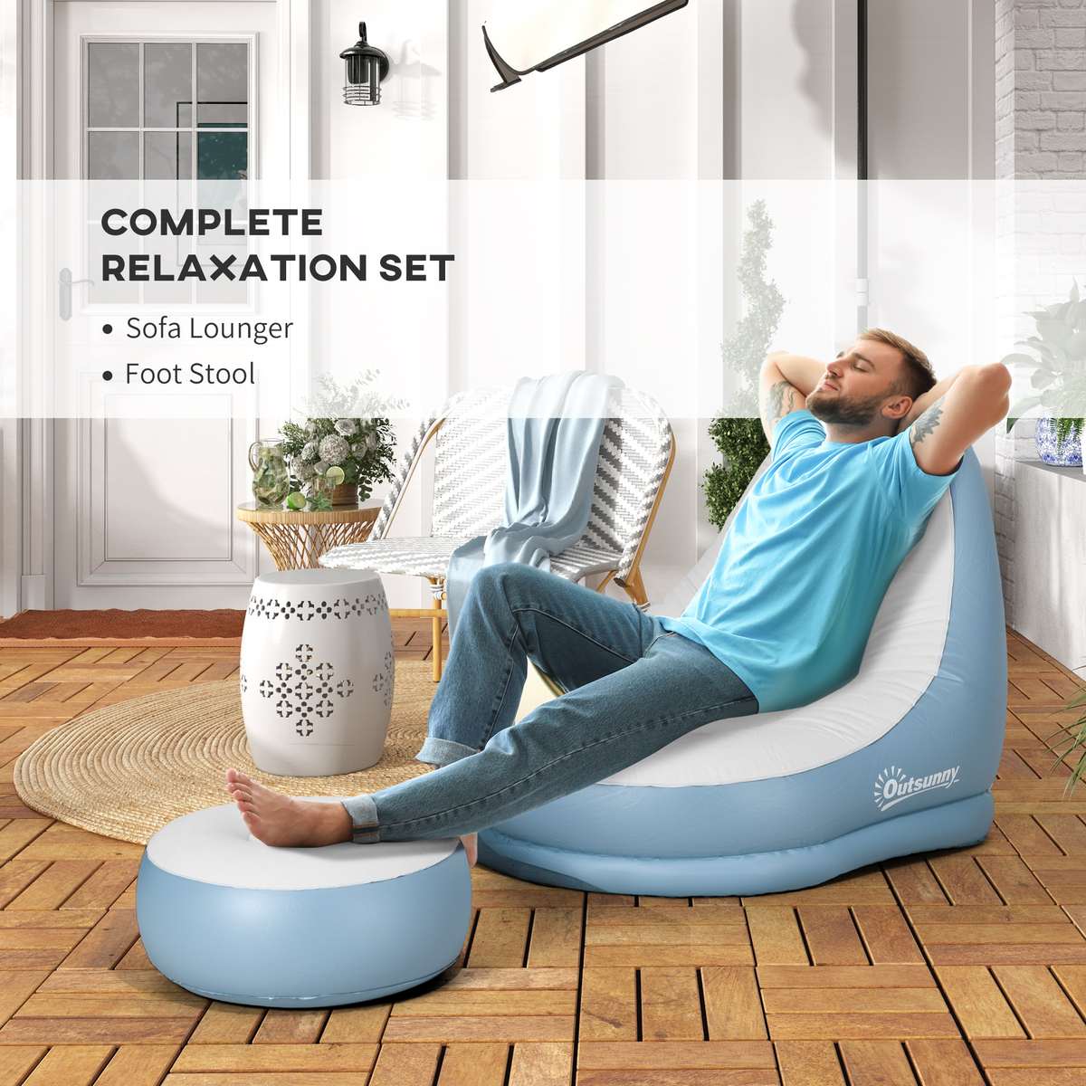 Inflatable Tub Chair And Footstool - Blue/White