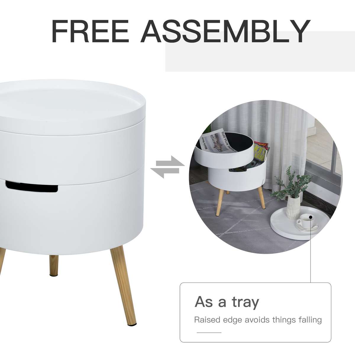 3-Tier Coffee Table, Round End Table With 2 Hidden Compartments And Detachable Tray, Side Table With Storage For Living Room, Set Of 2, White
