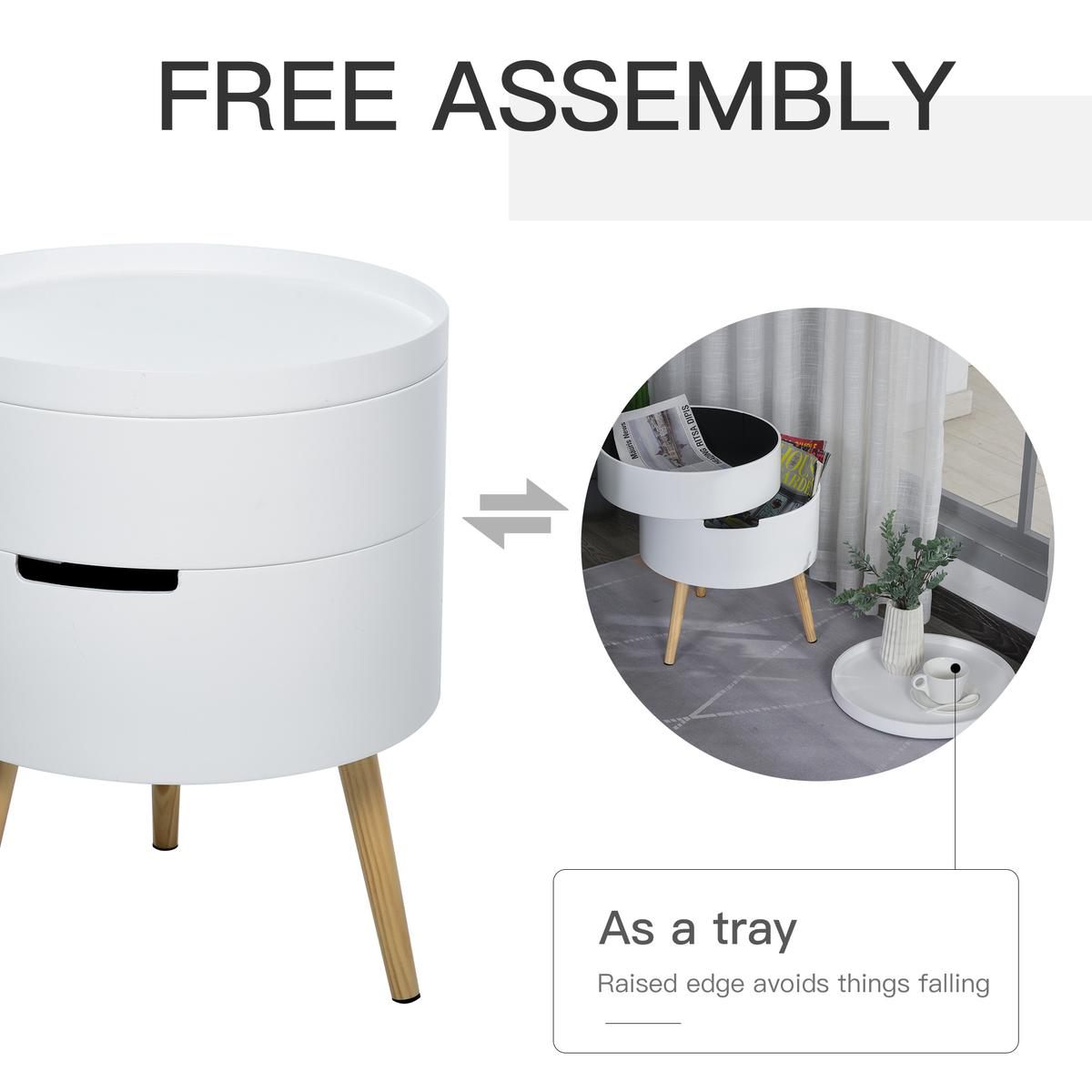 3-Tier Coffee Table, Round End Table With 2 Hidden Compartments And Detachable Tray, Side Table With Storage For Living Room, Set Of 2, White