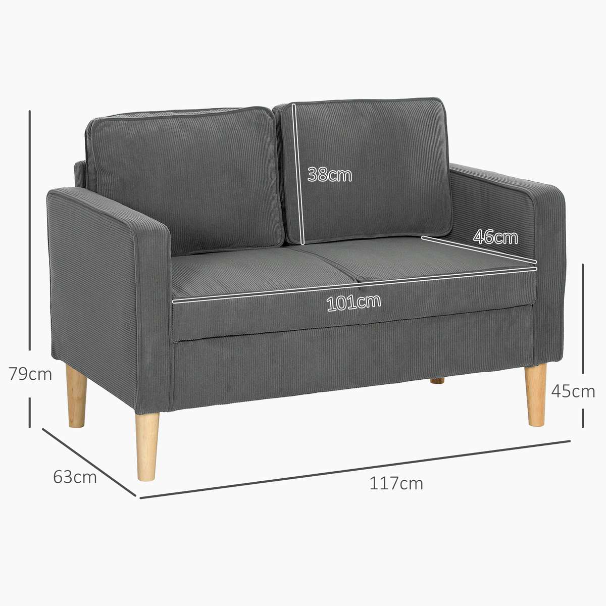 Small Two-Seater Corduroy Sofa - Grey