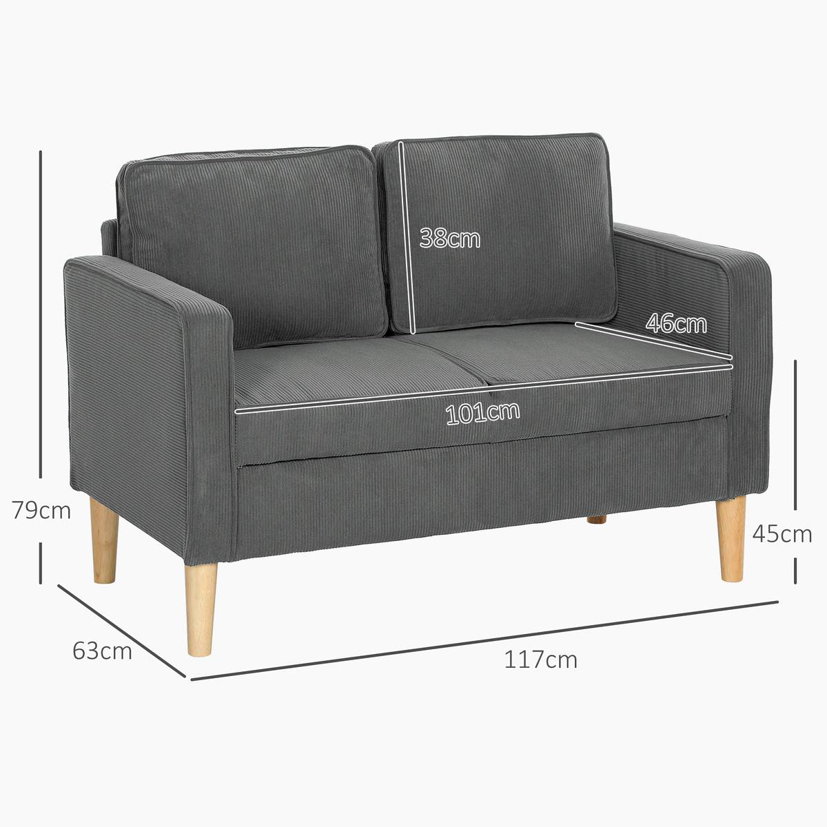 Small Two-Seater Corduroy Sofa - Grey