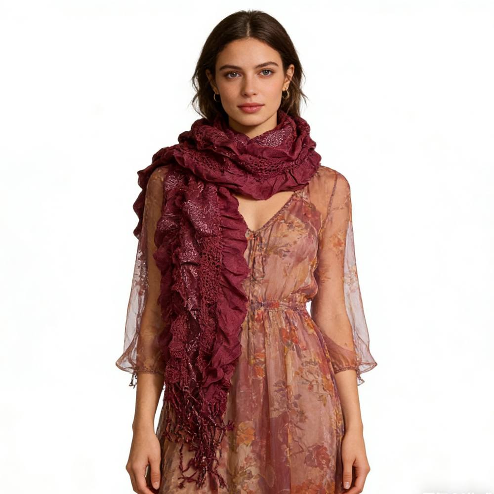 2pcs Extra Long Evening Glamour Piece Magenta Metallic Crinkle Scarf,Shimmer Textured Scarf ,Luxe Look For Evening Wear,Scarf,vacation,daily Life,evening Party,Office Appropriate Subtlety
