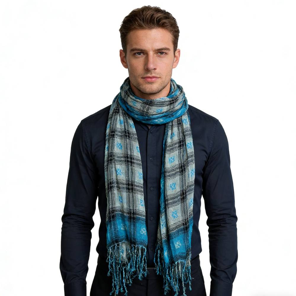 2pcs Extra Long Scarf,Turquoise Jacquard Crinkle Scarf,Cool Tone Jacquard Pattern On Crinkle Base,Versatile Everyday Scarf ,Pairs With All Casual Outfits,Office Appropriate Subtlety For Women Men