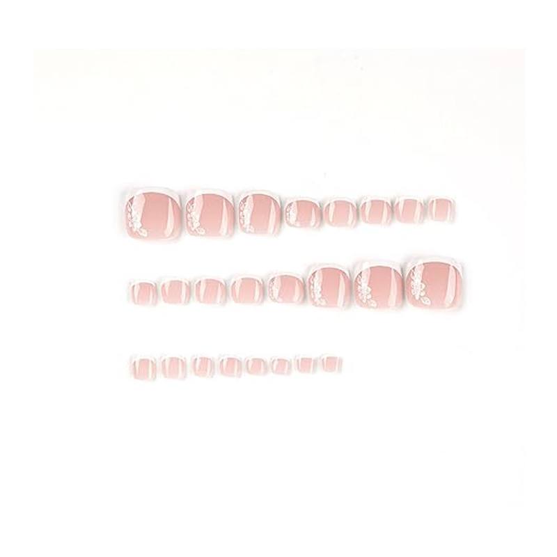 24PCS White Flowers Press On Toenails, French Tip Short Square Fake Toe Nails Full Cover ,Glue On Toenails Floral Designs False Toe Nails For Women Stick On Toenails