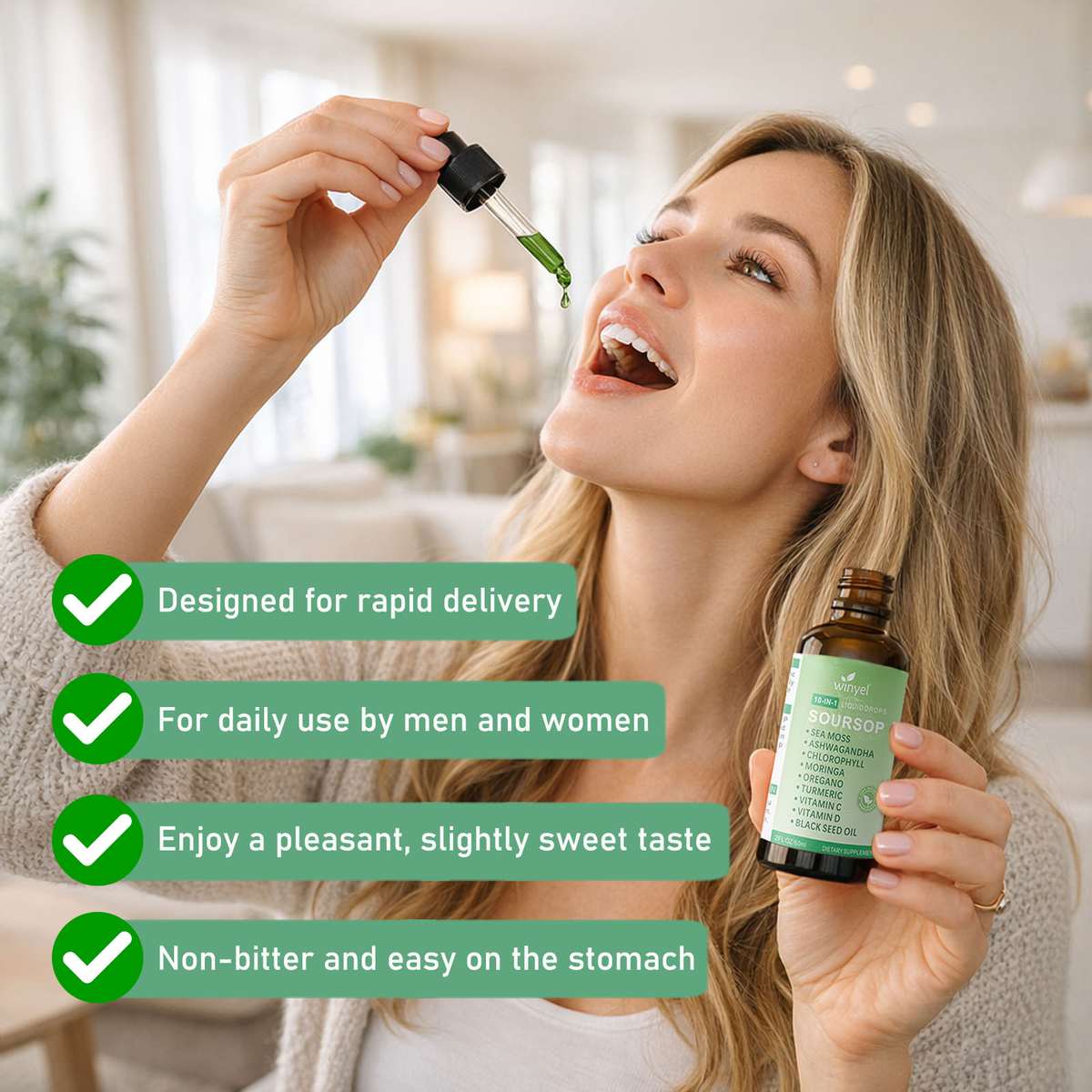 Soursop Drops 10-in-1 With Seaweed, Moringa, Black Seed Oil, Oregano, Ashwagandha, Chlorophyll Herbal Extracts Promote Overall Health Vegan 2 Fl Oz