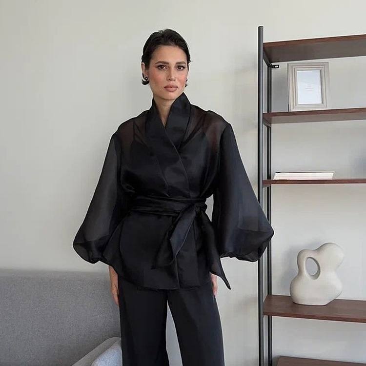 Black Sheer Puff Sleeve V-neck Tie-front Top