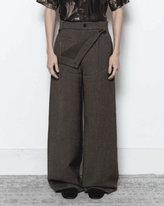 Men's Olive Brown Asymmetric Flap Wide-Leg Cotton Blend Trousers
