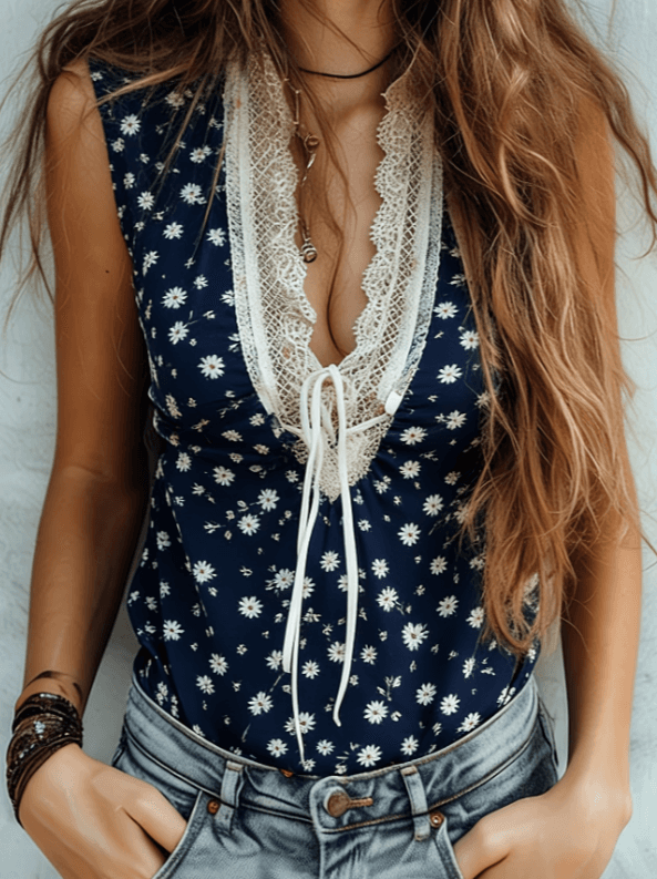Printed Lace V-neck Sleeveless Vest For Women