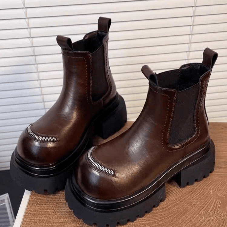 Women's Vintage Platform Chelsea Boots Chunky Lug Sole Zipper Decor Ankle Boots