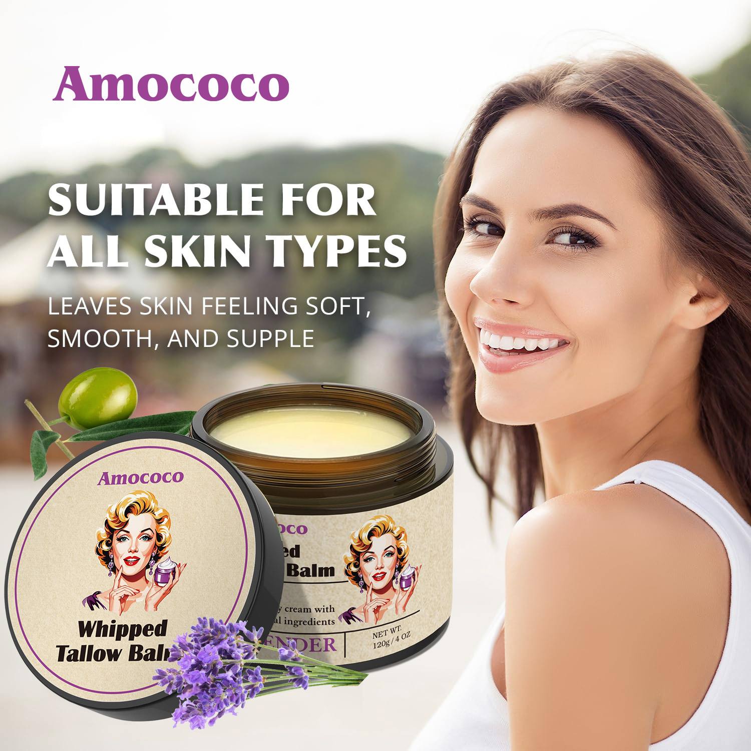 Only Supports Self Pickup With Waybill Amococo Whipped Tallow Balm Deep Hydration & Soothing Natural Beauty Cream For Face, Body Lips Universal Skin Balm With Lavender Scent
