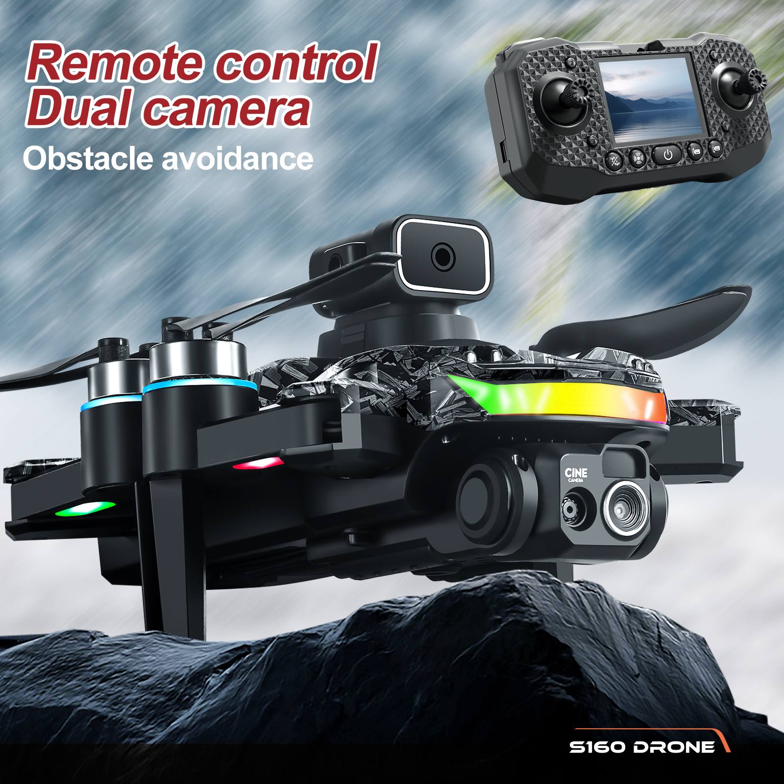 Drone With Screen Remote & Obstacle Avoidance, Foldable Brushless Quadcopter With 2 Batteries & RGB Lights