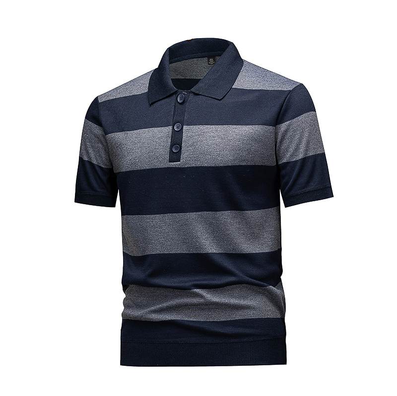 Men's Navy & Grey Horizontal Striped Knit Polo Shirt, Short Sleeve Casual Top