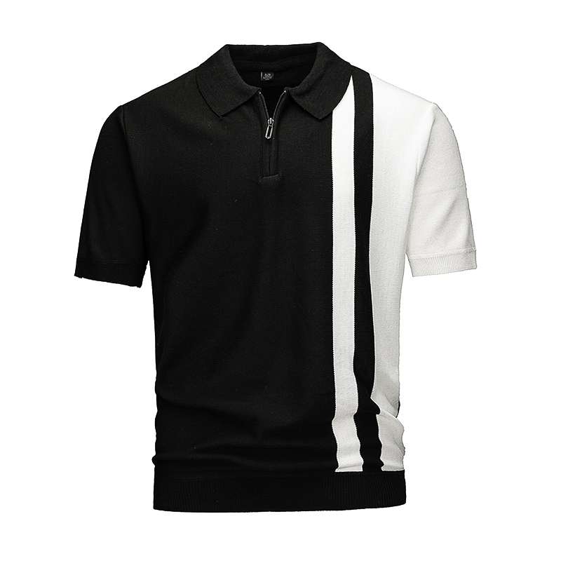 Men's Color Block Half-Zip Knit Polo Shirt, Navy & White Vertical Stripe Short Sleeve Top