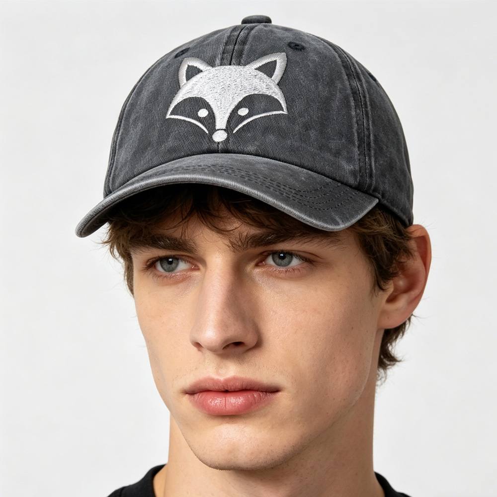 2pcs Cute Fox Face Embroidered Baseball Cap - Vintage Washed Cotton Hat, Adjustable Unstructured Low Profile, Casual Outdoor Sun Hat For Men Women