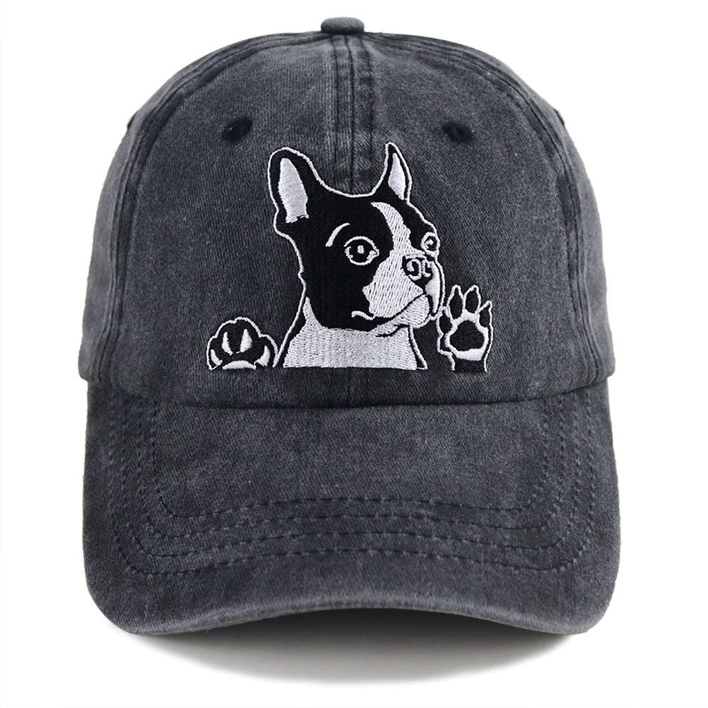 2pcs Boston Terrier Dog Embroidered Baseball Cap - Vintage Washed Cotton Hat, Adjustable Unstructured Low Profile, Cute Pet Cap For Men Women
