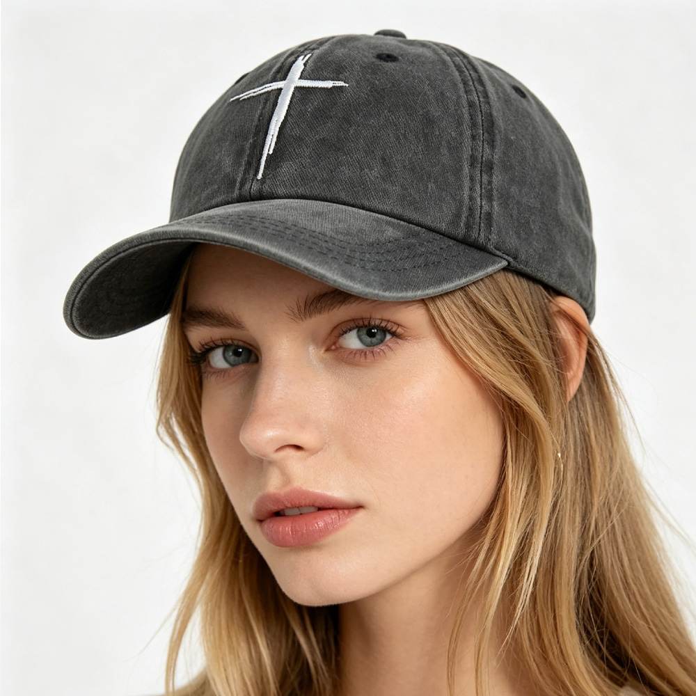 2pcs Minimal Cross Washed Black Cross Embroidered Baseball Cap,Vintage Distressed Cotton Hat, Unstructured Adjustable Streetwear Hat For Men Women