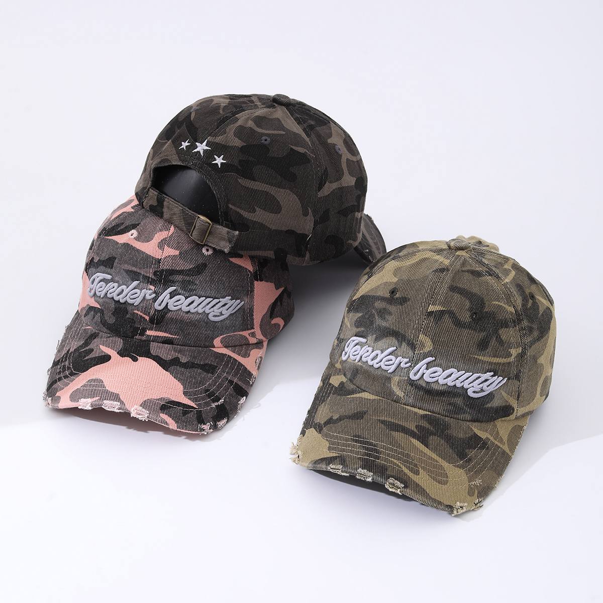 Camouflage Embroidered English Letters Beveled Frayed Washed Vintage Retro Casual Baseball Cap Suitable For Outdoor Activities, Street Dates