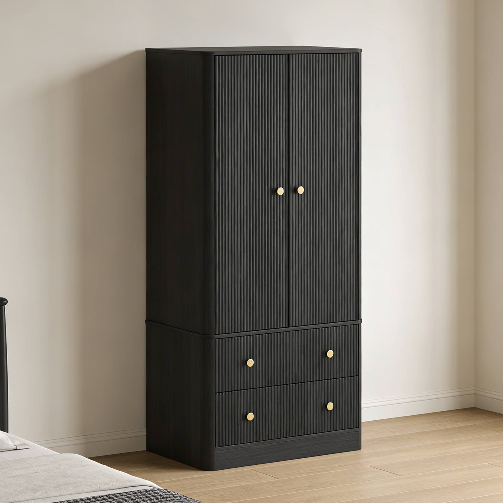 Clothing Wardrobe 2 Doors 2 Drawers Elegant Wave Pattern Wooden Freestanding Large Capacity Storage Cabinet For Bedroom Living Room Office