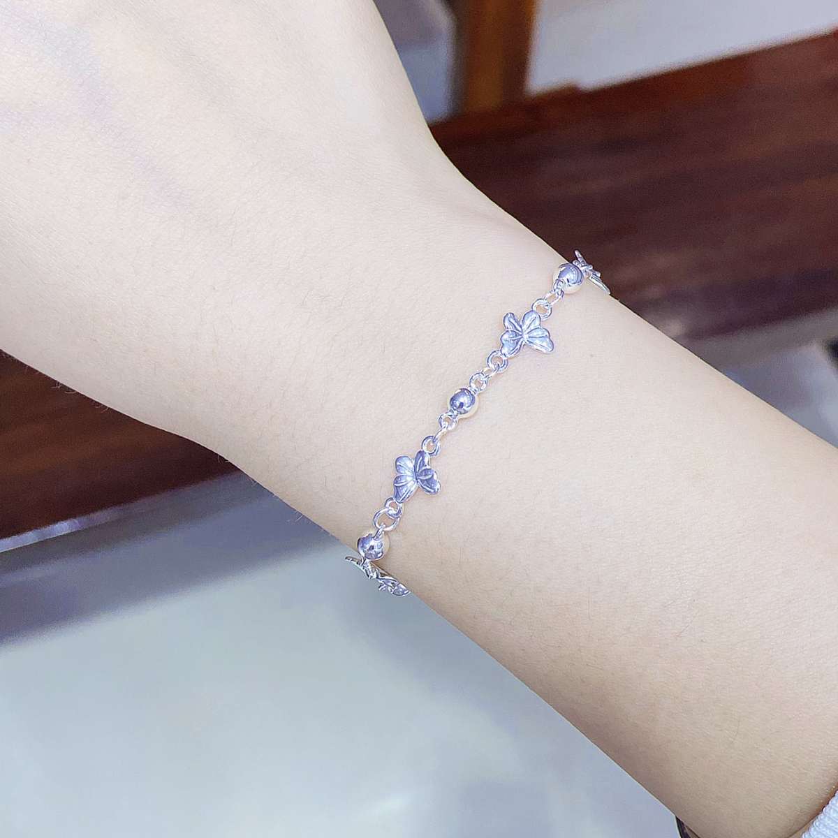 1pc 999 Sterling Silver Butterfly & Bead Chain Bracelet, Delicate Style, Perfect For Daily Wear And Valentine's Gift