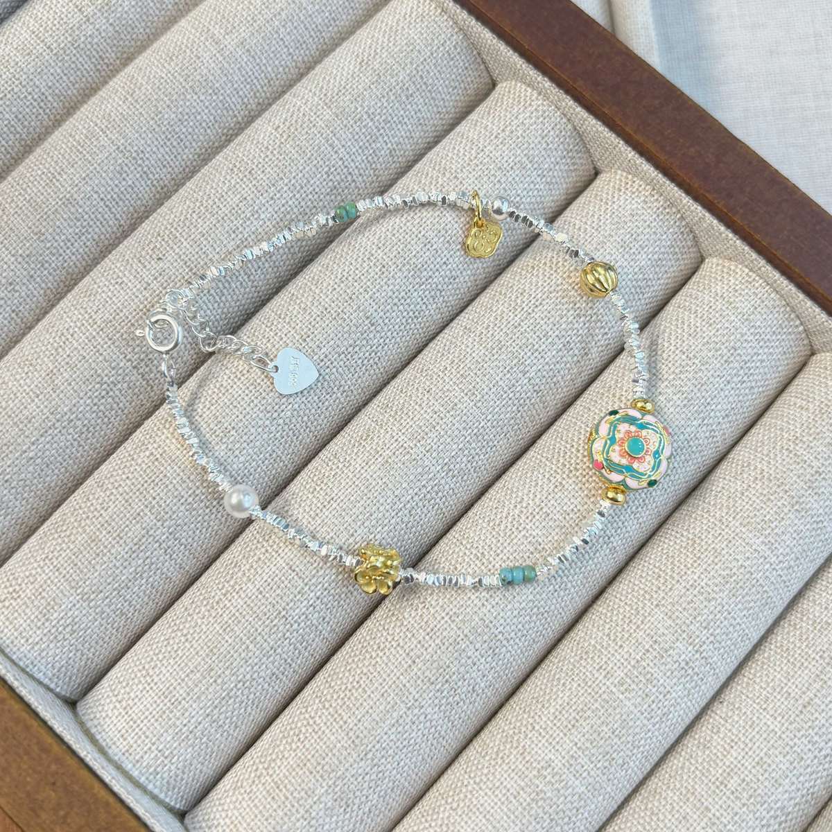 1pc 999 Sterling Silver Enamel Charm Bracelet, Chinese Style, Perfect For Daily Wear And Valentine's Gift
