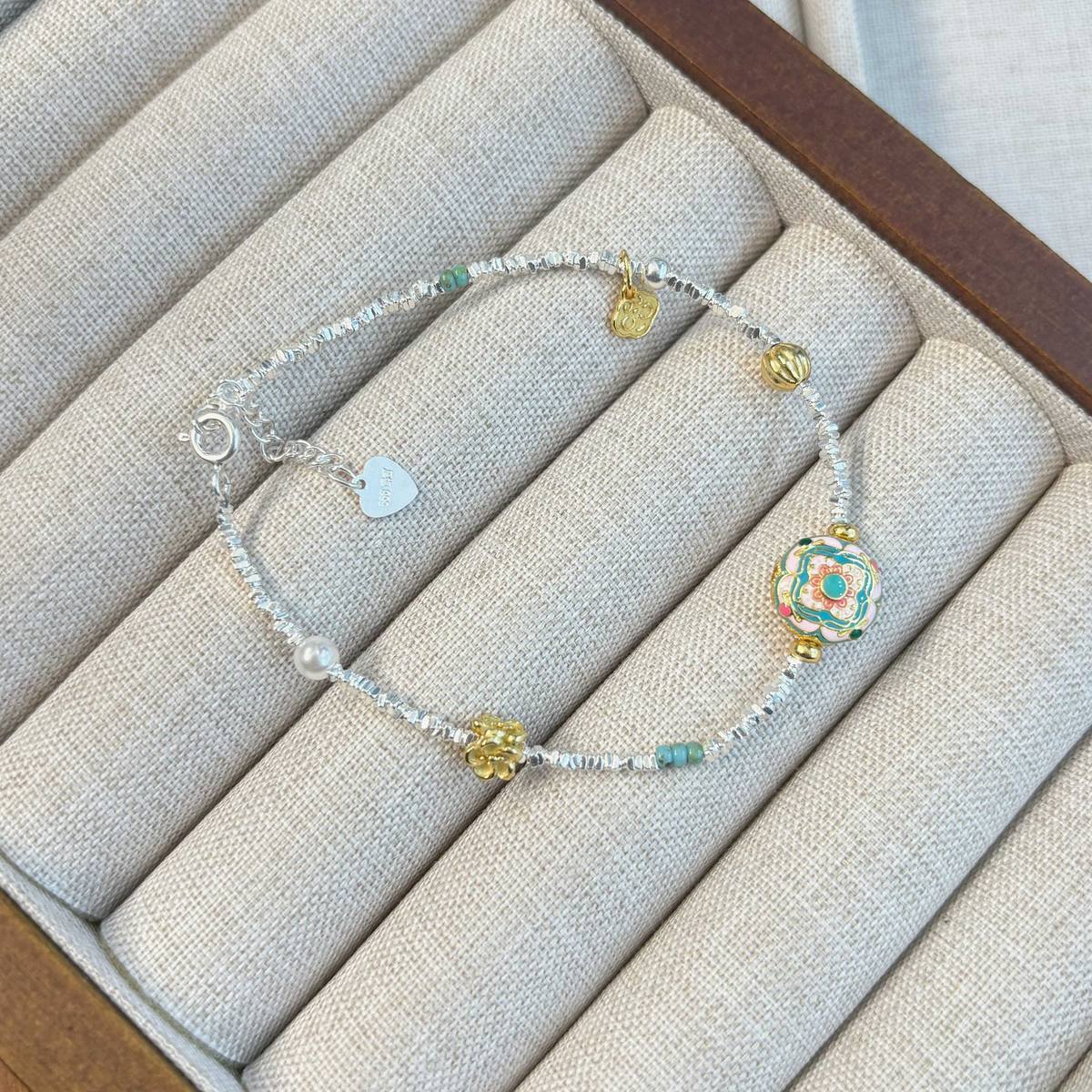 1pc 999 Sterling Silver Enamel Charm Bracelet, Chinese Style, Perfect For Daily Wear And Valentine's Gift