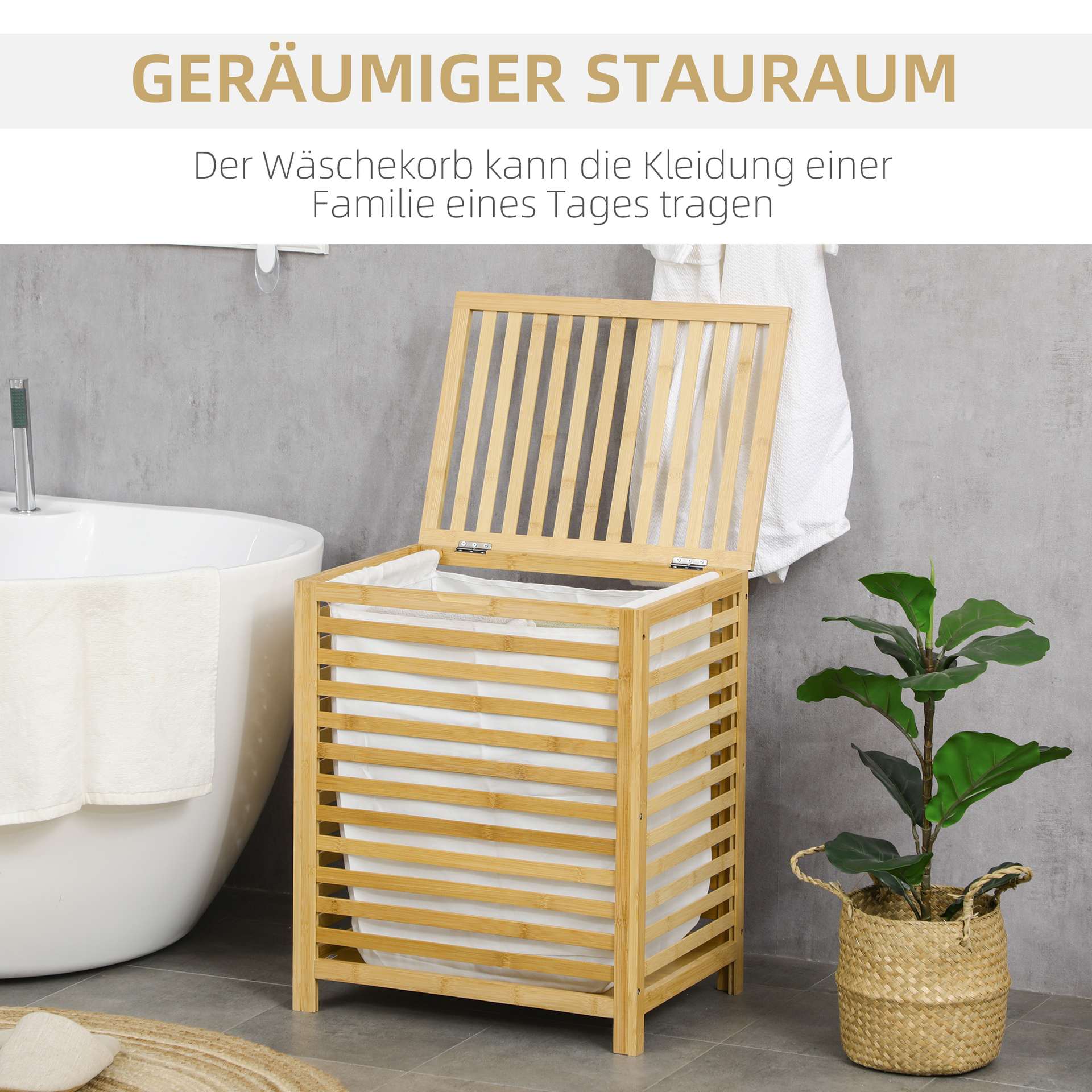 Wäschekorb Aus Bambus, Herausnehmbarer Wäschesack, Wasserbeständig, Natur + Beige