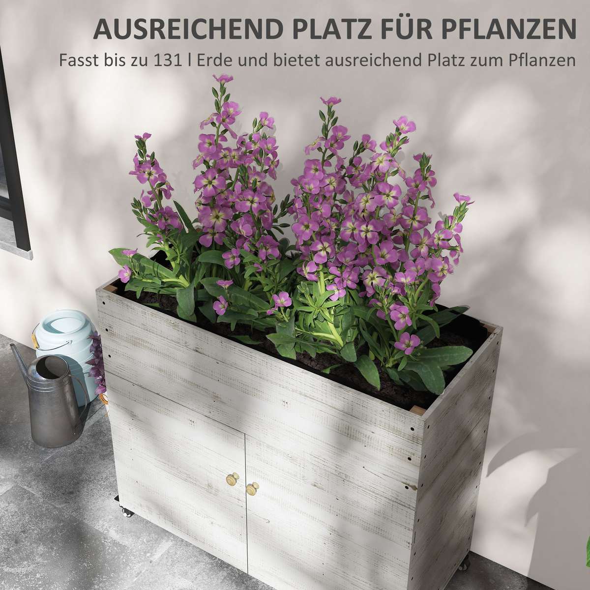Hochbeet Mit Rädern, Schrankfach, Innenauskleidung, Used Look, 110x50x95 Cm, Weiß
