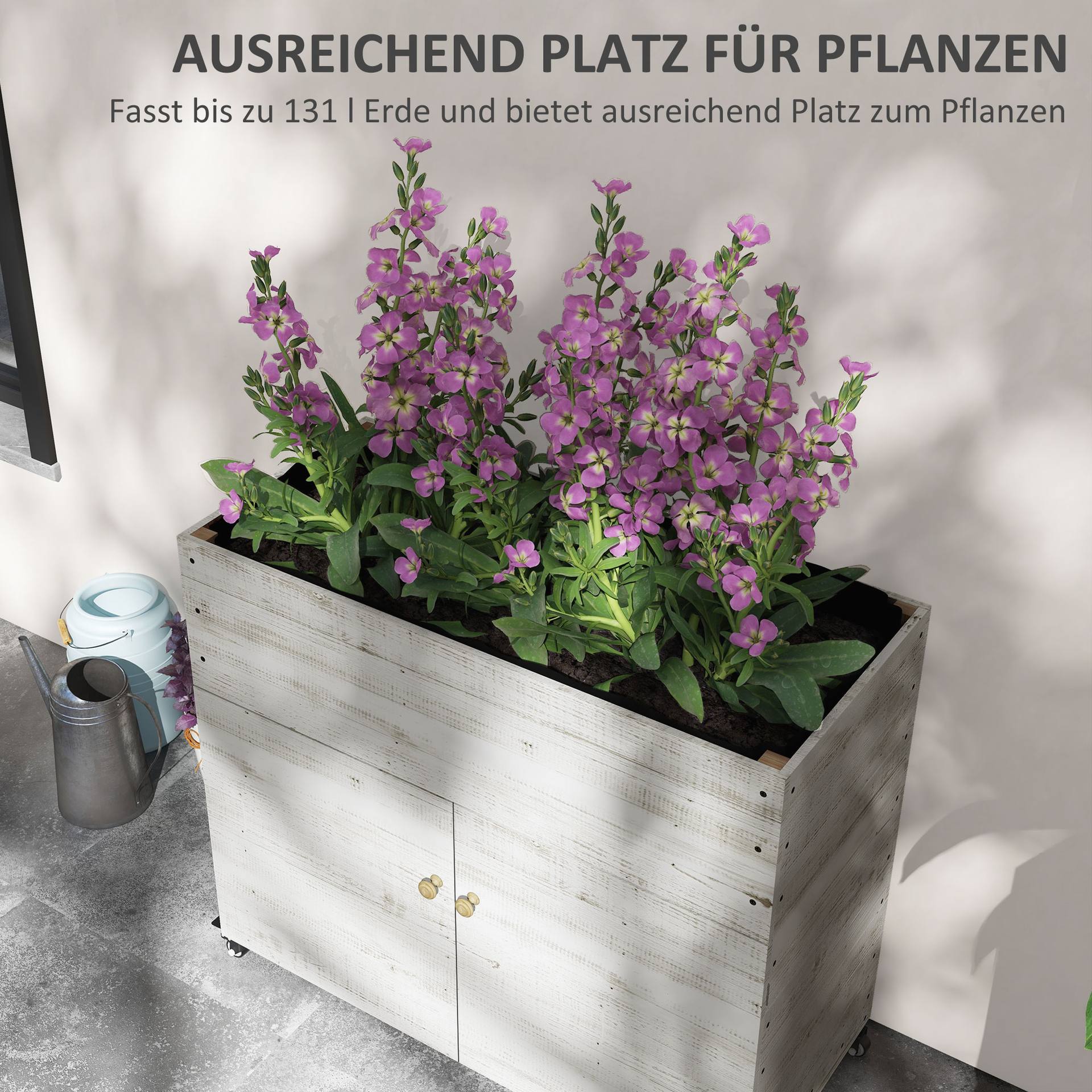 Hochbeet Mit Rädern, Schrankfach, Innenauskleidung, Used Look, 110x50x95 Cm, Weiß