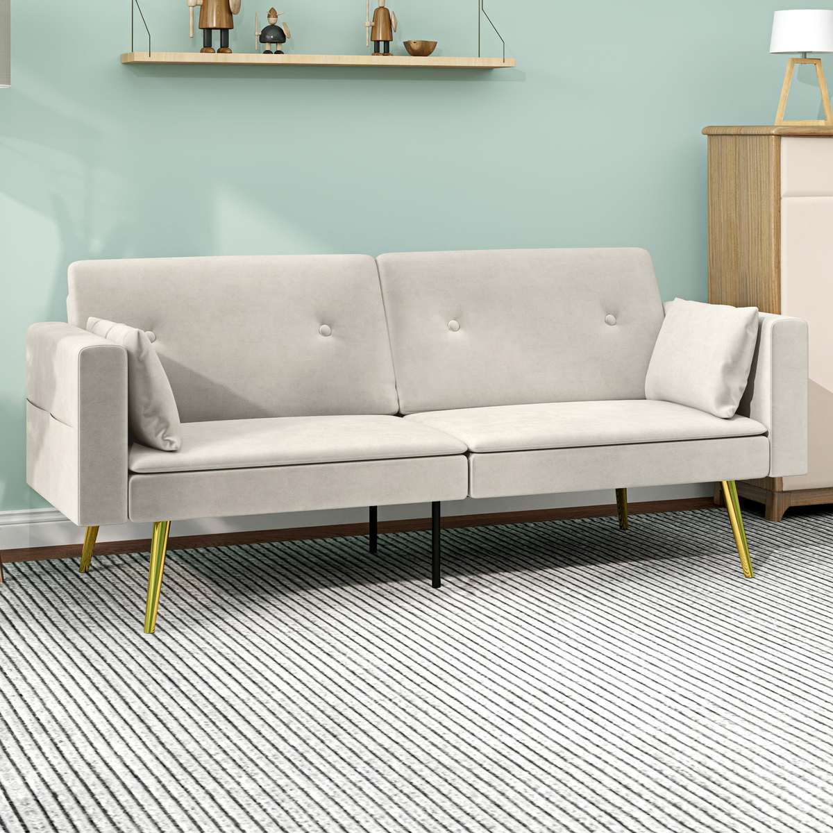 2-Sitzer Bettsofa, Verstellbare Rückenlehne, Weiche Kissen, Samtartiger Bezug, Für Wohnzimmer, Gästezimmer, Beige
