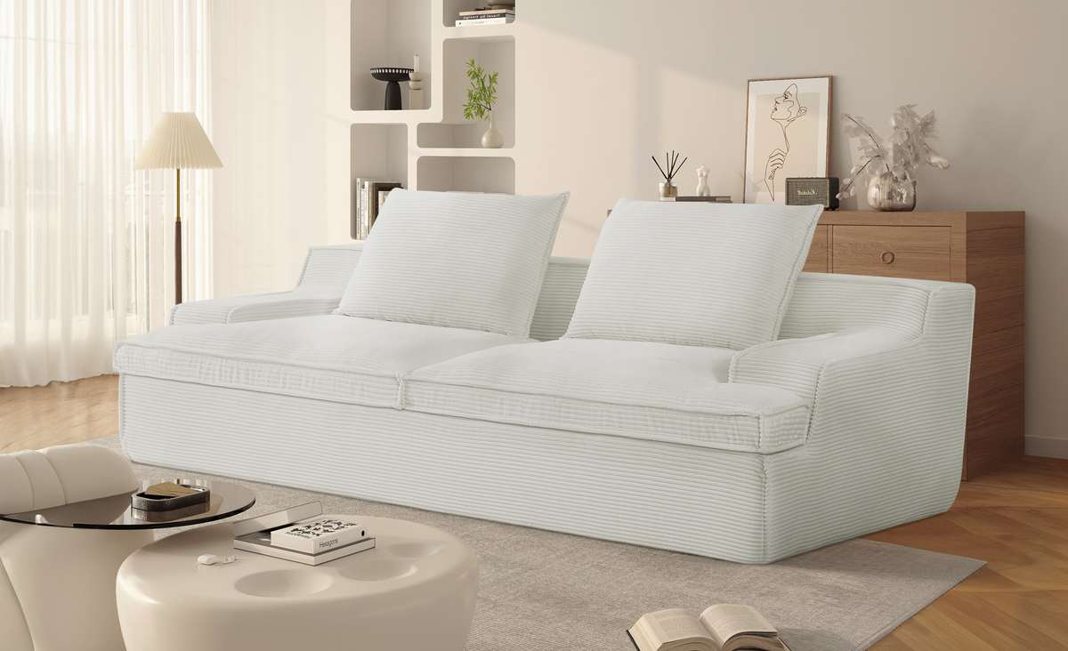 Nimbus Oversized Full Foam 4 Seater Couch For Living Room Upholstered In Soft Corduroy Fabric, Wide Armrests, Ergonomic Compressed Sofa In A Box, No Assembly, 90 Inch Wide, Ivory