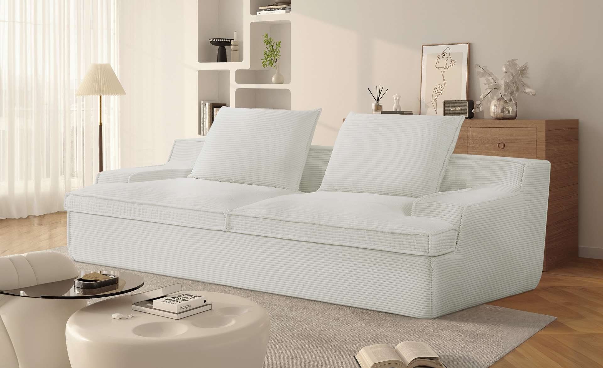 Nimbus Oversized Full Foam 4 Seater Couch For Living Room Upholstered In Soft Corduroy Fabric, Wide Armrests, Ergonomic Compressed Sofa In A Box, No Assembly, 90 Inch Wide, Ivory