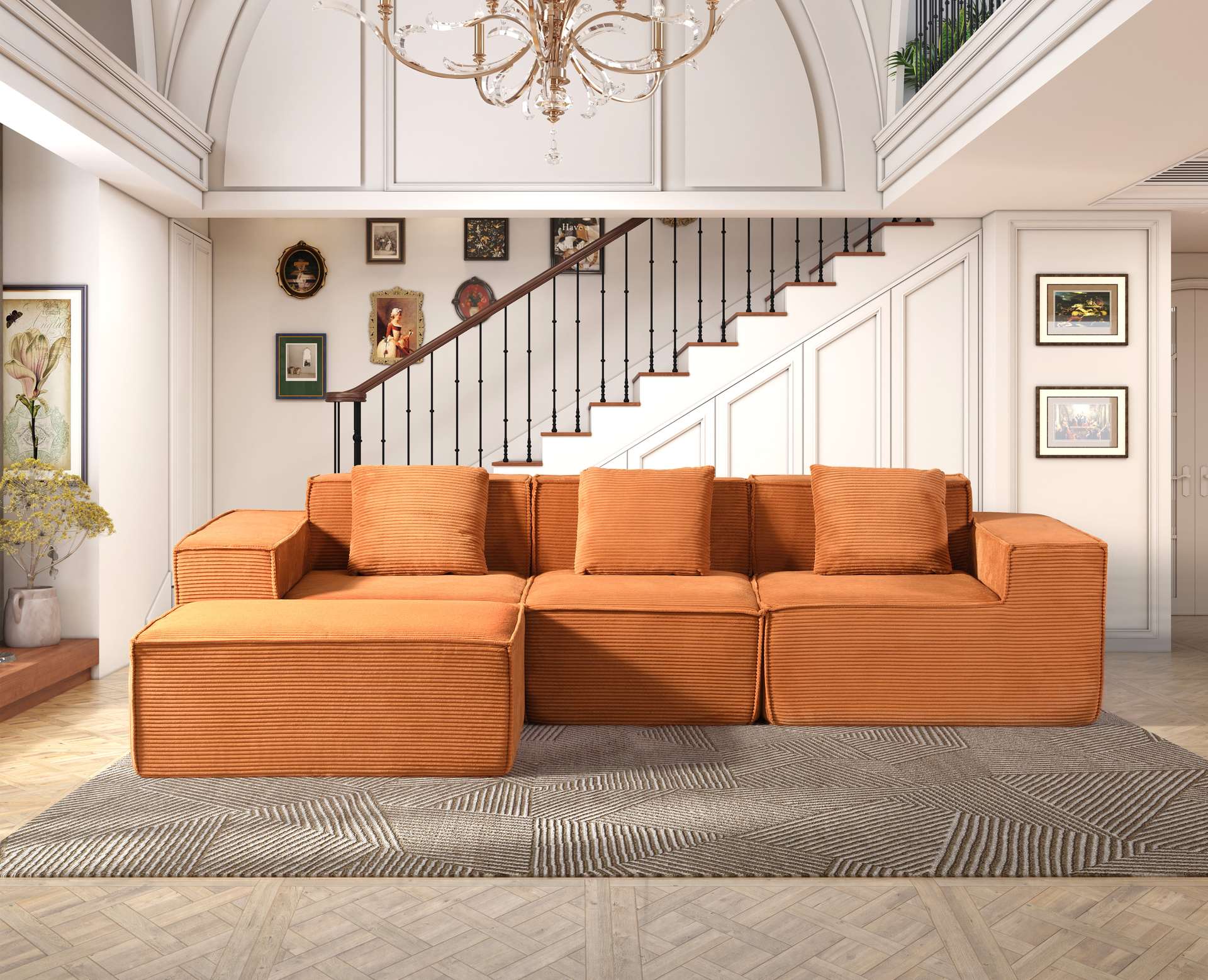 CozyForm Convertible Corduroy Sectional Couch With Ottoman & Pillows, Modular L Shaped Sleeper Sofa, Boneless Cloud Couch For Living Room Furniture, Red Orange